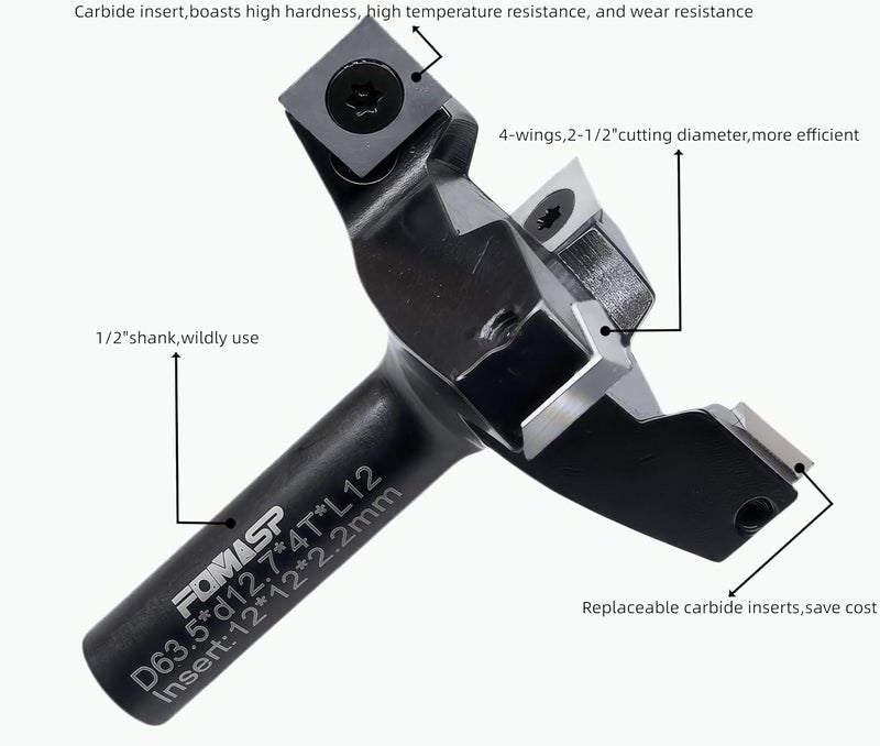FomaSP CNC Spoilboard Surfacing Router Bit,1/2"(12.7mm) Shank,2-1/2"(63.5mm) Cutting Diameter,Slab Flattening Router Bit,Replaceable Carbide Inserts Wood Planer Bit with 4 Wings for Woodworking. - Image 4